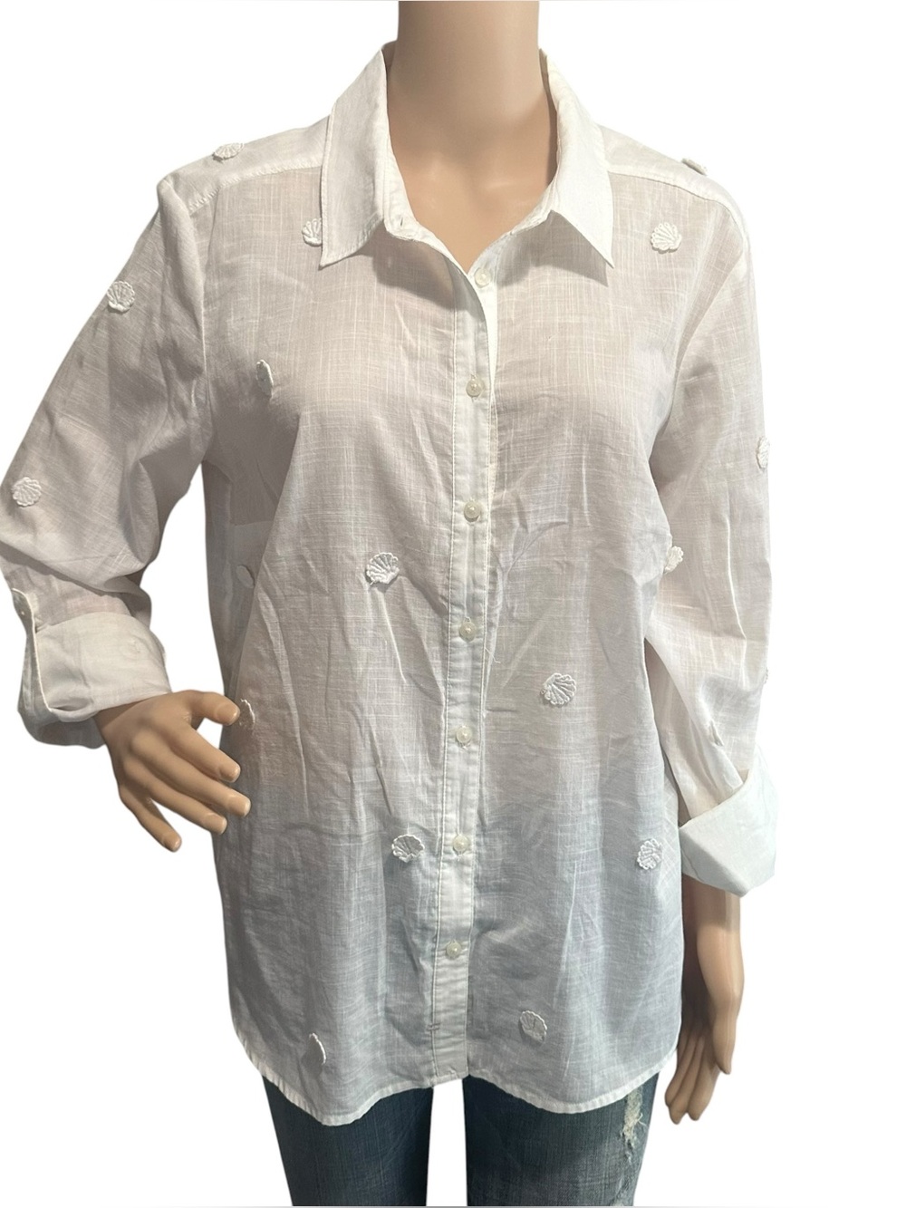 Anthropologie Maeve white button-down shirt Sea Shells Sz 16